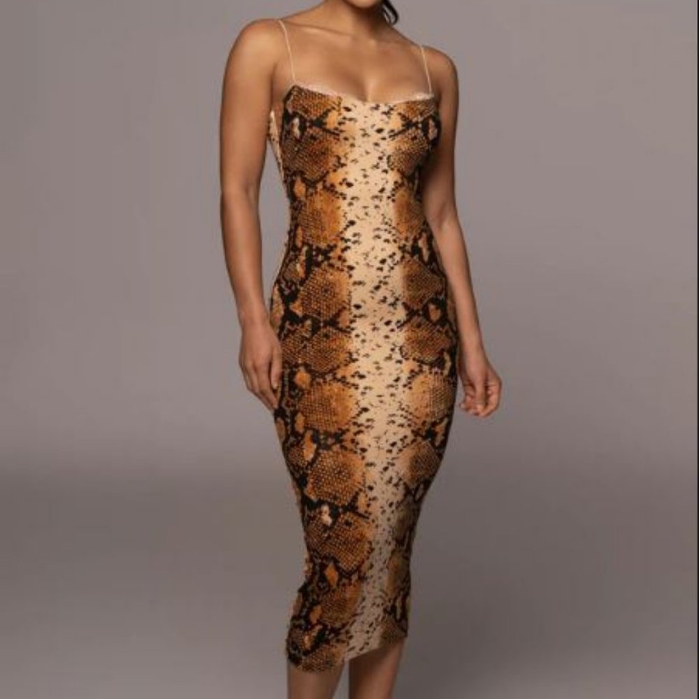 JLUXLABEL Asymmetrical Snake Print Dress - Brown and Black
